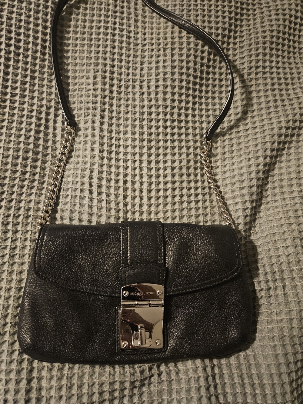 Michael Kors Black Leather Shoulder Bag with Silver-Tone Lock